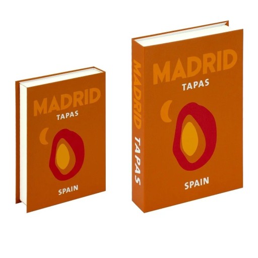 Falsk bok med förvaringsutrymme, dekorativ, öppningsbar, Madrid tapas, förvaringsutrymme i bokdesign, modern dekoration