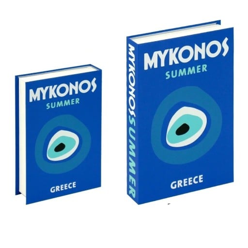 Falsk bok med förvaringsutrymme, dekorativ, öppningsbar, Mykonos sommar, förvaringsutrymme i bokdesign, modern dekoration