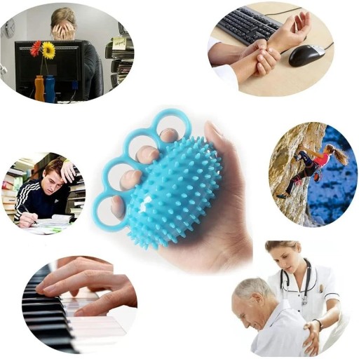 Silikonmassageverktyg för händer, 3 hål, massageboll, stressavlastande verktyg, 12 cm, 2,5 cm spetsar, blå