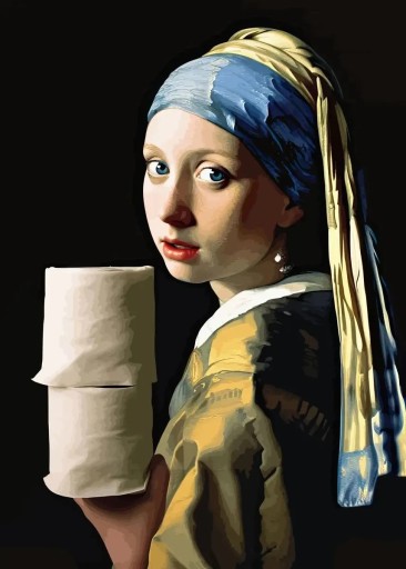 Väggposter flicka med pärlan och toalettpapper 40 x 60 cm Humoristisk dekoration för WC Bomullcanvas utan ram Konstnärlig parodi