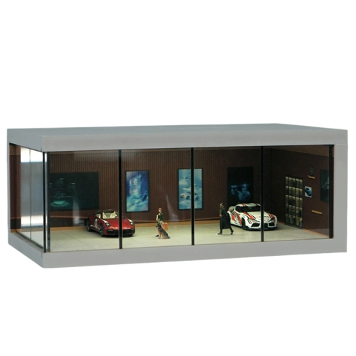 Belyst garage för bilmodeller 26,5 × 15 × 10,5 cm Brun dekorativ parkeringsgarage med LED-belysning Diorama för samlarmodeller