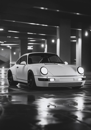 Väggplakat 30 x 42 cm Svartvit bild av Porsche 911 Sportbil Stilig dekoration till rummet Tryck på duk Utan ram