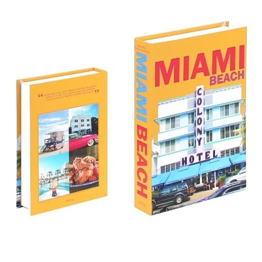 Falsk bok MIAMI BEACH dekoration med motiv av kolonialt hotell, går ej att öppna