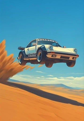Designad tavla av racing Porsche 911 ökenrally 50 x 70 cm Tryck på duk Utan ram Stor motorsport dekoration på väggen
