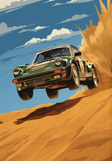 Stort konstverk av gröna racing Porsche ökenkörning 40 x 60 cm Canvas med tryck Utan ram Motorsport väggdekoration
