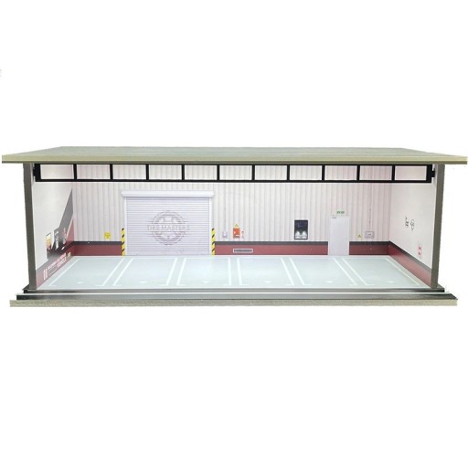 Utställningsdiorama garage 30 x 13,5 x 10 cm Skala 1:64 Servicelokal med rullportar Vinröd nederkant Parkeringsscen för bilmodeller