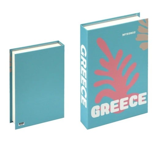 Falsk bok GREECE MYKONOS dekoration med tropiskt motiv, går inte att öppna