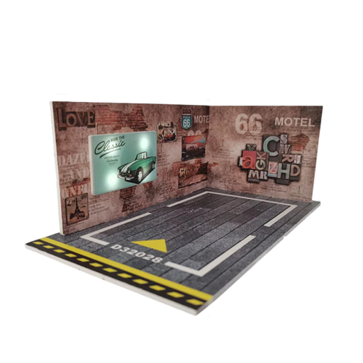 Diorama för underjordisk parkering för bilmodeller 20,4 × 11,6 × 18,3 × 10,1 × 7,9 cm PVC retro amerikansk garage Route 66 realistisk scen