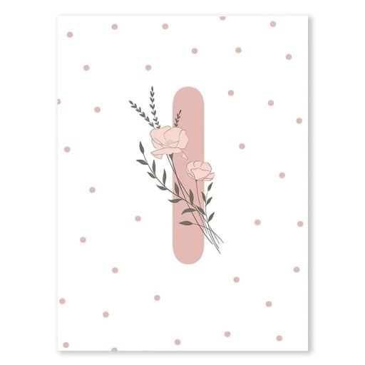 Plakat 30 x 40 cm Rosa blommig initial „I“ Tygkonst utan ram Väggdekoration för barnrum och flickinteriör