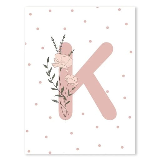 Tavla på duk 21 x 30 cm Blomsterinital "K" Rosa affisch utan ram Dekorativ tavla för barn- och flickrum