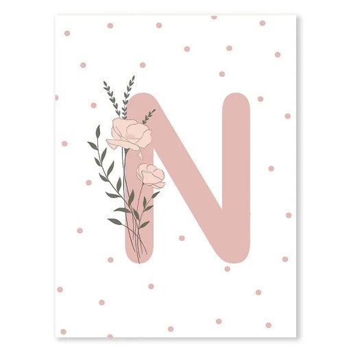 Väggplakat 30 x 40 cm Blommigt bokstav N Rosa barninredning på duk Utan ram Väggplakat till flickrum