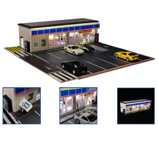 Diorama nonstop livsmedelsbutik 28,5 × 30 × 6,5 cm 1:64 Butik med parkering PVC realistisk stadsbild