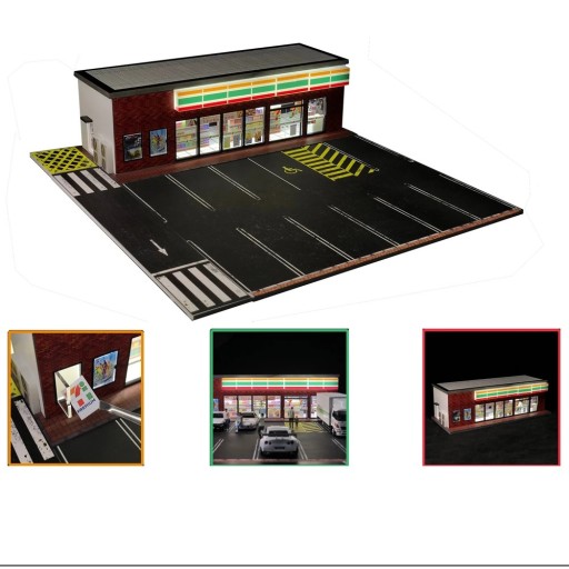 Diorama 1:64 Gatstenad minimarket med belyst fasad PVC-modell av stadens butik med parkering scen för bilmodeller