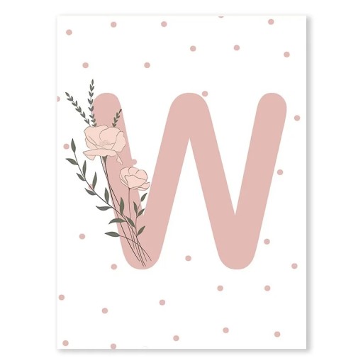 Canvasbild 50 x 70 cm Dekorativ plakat Rosa blommigt bokstav W Minimalistisk väggdekoration utan ram för flickrum