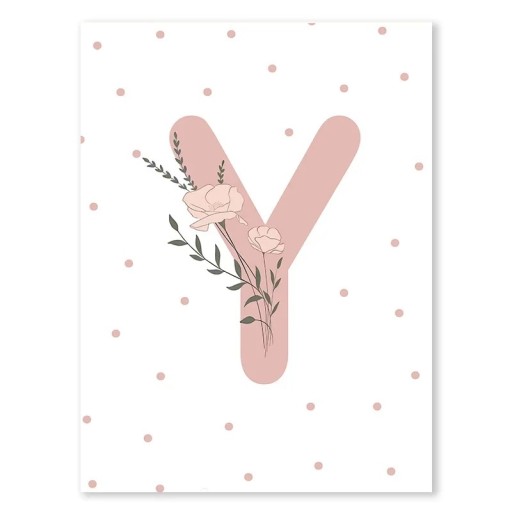 Dekorativ plakat 21 x 30 cm Rosa blommig bokstav "Y" Lärft bild utan ram Minimalistisk väggdekoration till flickrum
