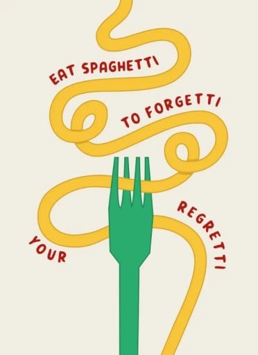Rolig köksaffisch 20 x 30 cm Eat spaghetti to forgetti your regretti Tavla på bomullslärft Dekoration utan ram till köket