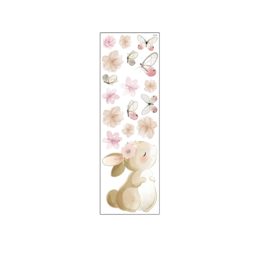 Väggdekal 30 x 92 cm Vinyl Boho tecknad kanin med fjärilar och blommor Dekoration till barnrum