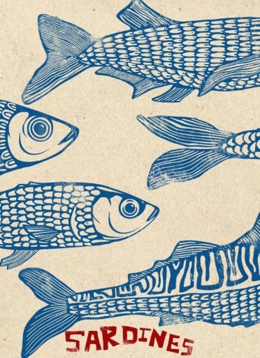 Vintage affisch 30 x 40 cm Blå sardiner Illustrerad väggdekoration för kök och bistro Retro bild på duk Utan ram