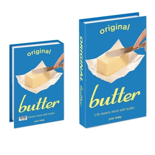 Falsk bok dekoration Original Butter Oöppningsbar bokdummy Blå retrodesign med smörmotiv Stilig inredningsdetalj