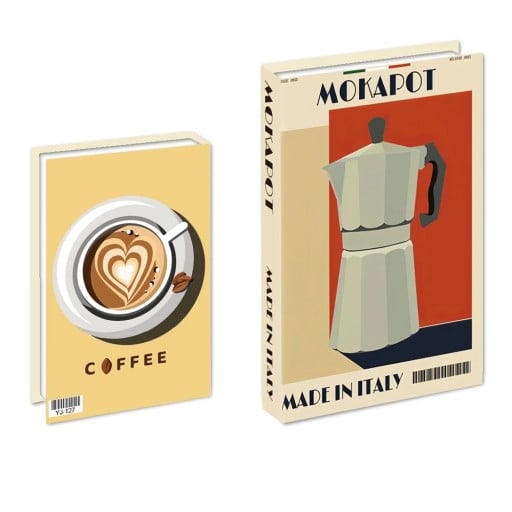 Falsk bok dekoration MOKAPOT Made in Italy Oöppningsbar bokattrapp Retro design med moka kanna Stilig inredningsdetalj