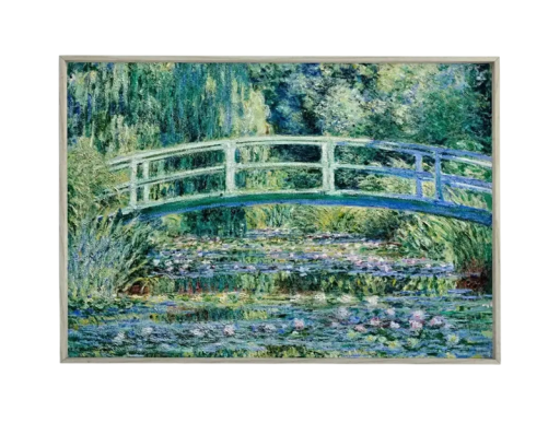 Väggplakat 40 x 60 cm Japansk bro med näckrosor Claude Monet stil Linneduk utan ram Impressionism Inredningsdekoration