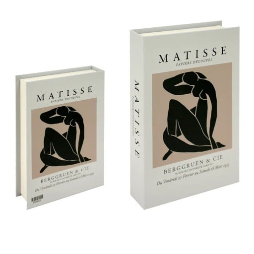 Falsk bok dekoration Matisse design icke-öppningsbar bokattrapp beige svart minimalistisk stil inredningsdetalj