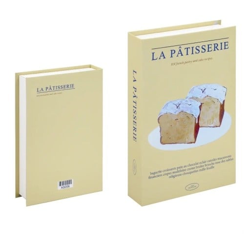 Falsk bok dekoration Gul icke-öppningsbar bokmodell La Pâtisserie design Bakverksmotiv modern inredningsdetalj