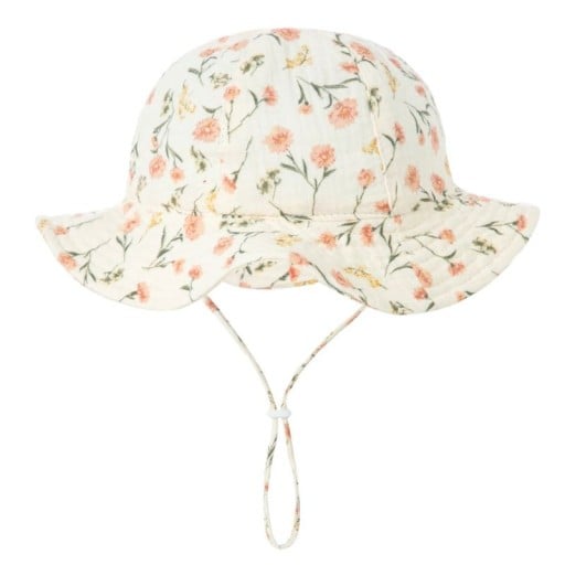 Barnens bomullshatt med blommor och snörning Huvudomfång 34–39 cm Skärm 23 cm Djup 13 cm Sommarhatt för spädbarn 3–12 månader