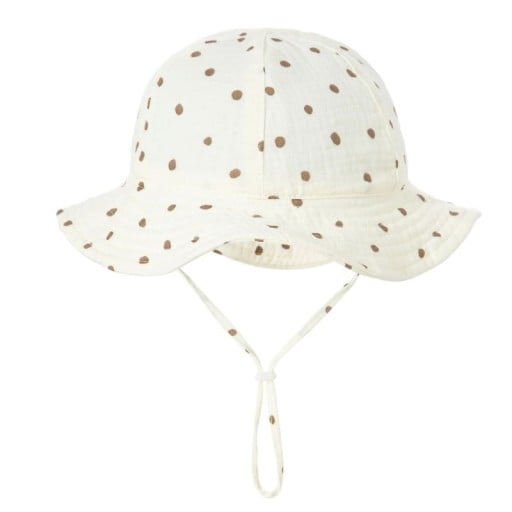 Barnens bomullshatt med bruna prickar och knytning Omkrets 34–39 cm Skärm 23 cm Djup 13 cm Hatt 3–12 månader
