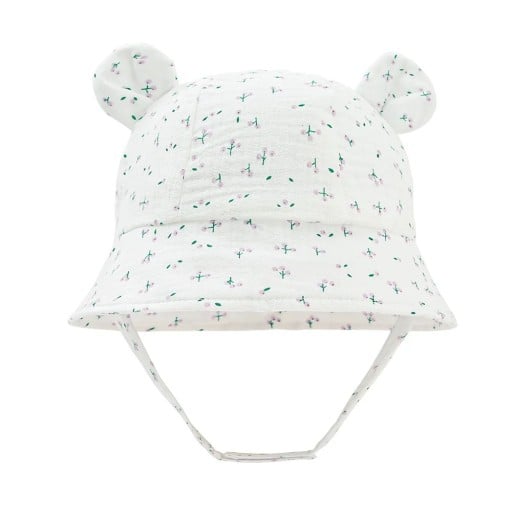 Barnens bomullshatt med öron och ängsblommor med snörning Omkrets 35–39 cm Skärm 27 cm Djup 11 cm Hatt 3–12 månader