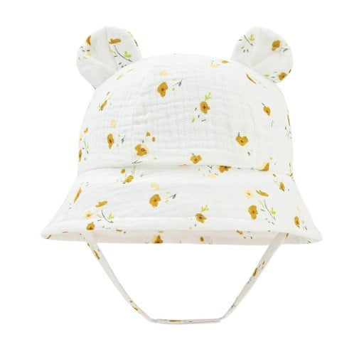 Barnens bomullshatt med öron gula blommor med snörning Omkrets 35–39 cm Skärm 27 cm Djup 11 cm Hatt 3–12 månader