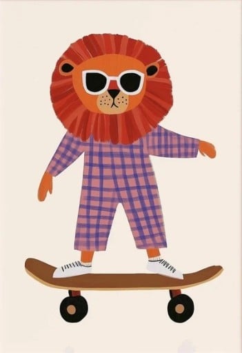 Barnplakat för vägg 40 x 60 cm Lejon på skateboard med solglasögon Canvastryck i stående format utan ram Mjukt canvasdekoration