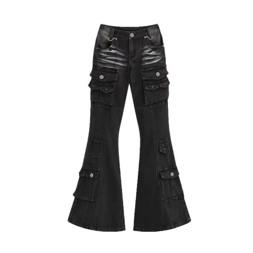 Damska jeans svart Utvidade benfickor Bomull Polyester Bekväma moderna byxor Ut i bälg Elegant avslappnad stil
