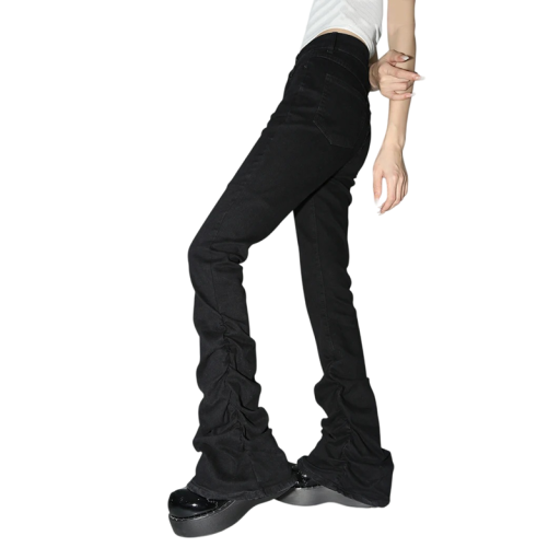 Damsjeans svarta Enfärgade Utsvängda ben Fickor Bomull Polyester Bekväma byxor med utsvängda ben Modern elegant stil