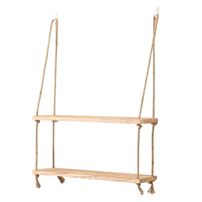 Väggmonterad hylla 30 x 15 cm Dubbellager trähylla med rep Förvaringshylla till badrummet