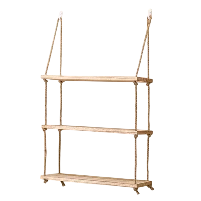 Väggmonterad hylla 30 x 15 cm Tre våningar trähylla med rep Stor dekorativ hylla