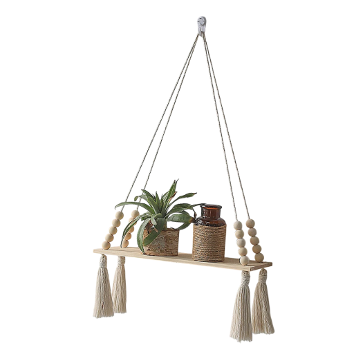 Trä vägghylla 35 x 56 cm Hängande hylla med snöre och träpärlor samt fransar Boho dekoration