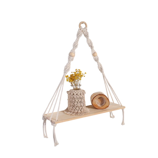 Trähängande vägghylla 10 × 35 × 38 cm Enplanshylla med snöre och pärlor Dekorativ boho hylla