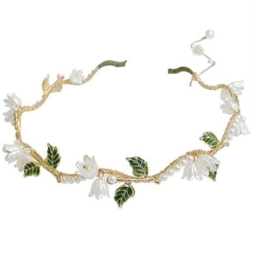 Perlblommig hårband 14 x 2 cm med gröna blad Elegantisk damhåraccessoar Romantiskt hårband för bröllop och festfrisyr