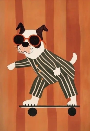 Barnplakat för vägg 40 x 60 cm Fransk bulldogg i pyjamas på skateboard med solglasögon Lärfttryck Utan ram