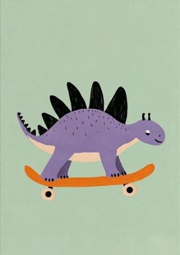 Barntecknad affisch 20 x 30 cm Stegosaurus på skateboard Canvastryck för vägg Utan ram Bild i höjdformat Rumsdekoration