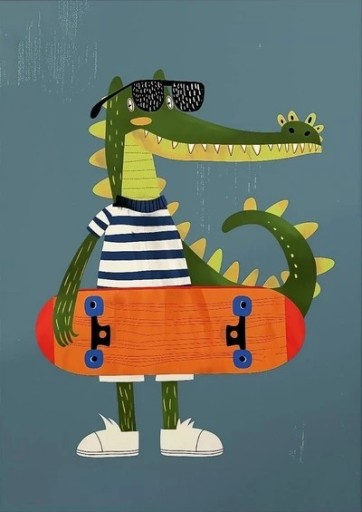 Glad väggposter 50 x 70 cm Krokodil med skateboard i handen Illustrerad bild på duk Utan ram Dekoration till barnrum
