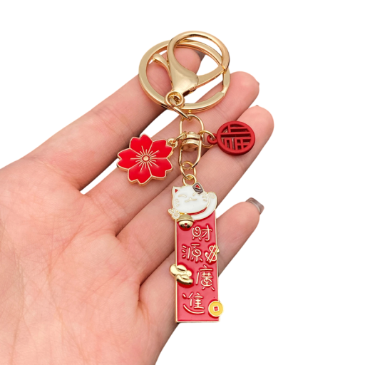 Nyckelring 3 x 9 cm Metall Lyckokatt med blomma och Maneki Neko-tecken Talisman för väska ryggsäck nycklar Present för lycka