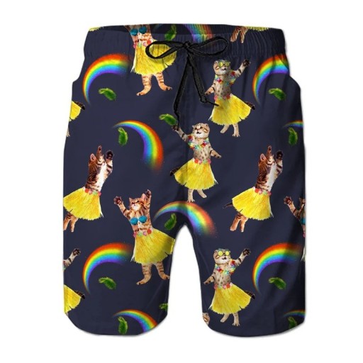 Pojkshorts i polyester med katttryck, kjol och regnbåge, med snörning, sommarbadshorts för havet och poolen