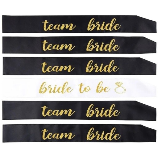 Set med 6 bröllopsband Team Bride + Bride To Be Satängtyg 156 x 9,5 cm Sista festen innan bröllopet Dekoration