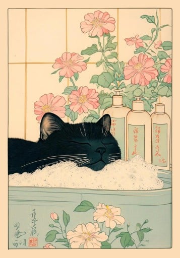 Plakat på väggen 50 x 70 cm Svart katt i bubblande bad Japansk stil Tryck på mjukt canvas Utan ram Stor väggdekoration
