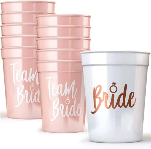 Sats med 11 st plastmuggar Bride och Team Bride Vita och rosa festmuggar för möhippa