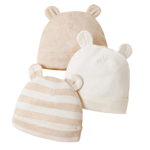 Set 3 st kojeneckepannor med öron 17 × 15 cm 0–12 månader Bomullsbabyhattar i nude färg