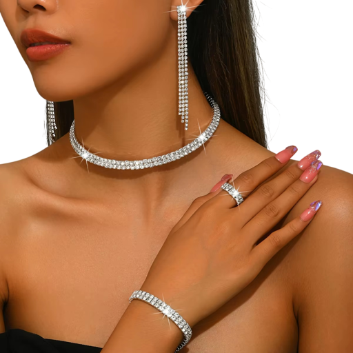 Värdefull lyxig smyckeset Halsband Örhängen Armband Ring Glittrande stenar Elegantiskt set för bröllop banketter fester