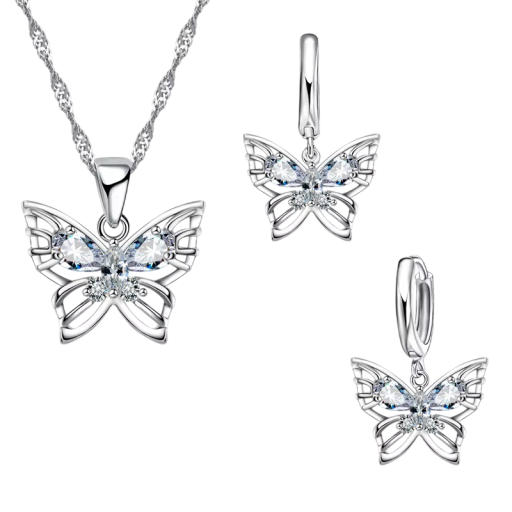 Symbolisk fjärilsset 925 Sterling Silver Halsband och Örhängen med Skinande Kristall Bröllopsberlock Eleganta Smycken för Kvinnor
